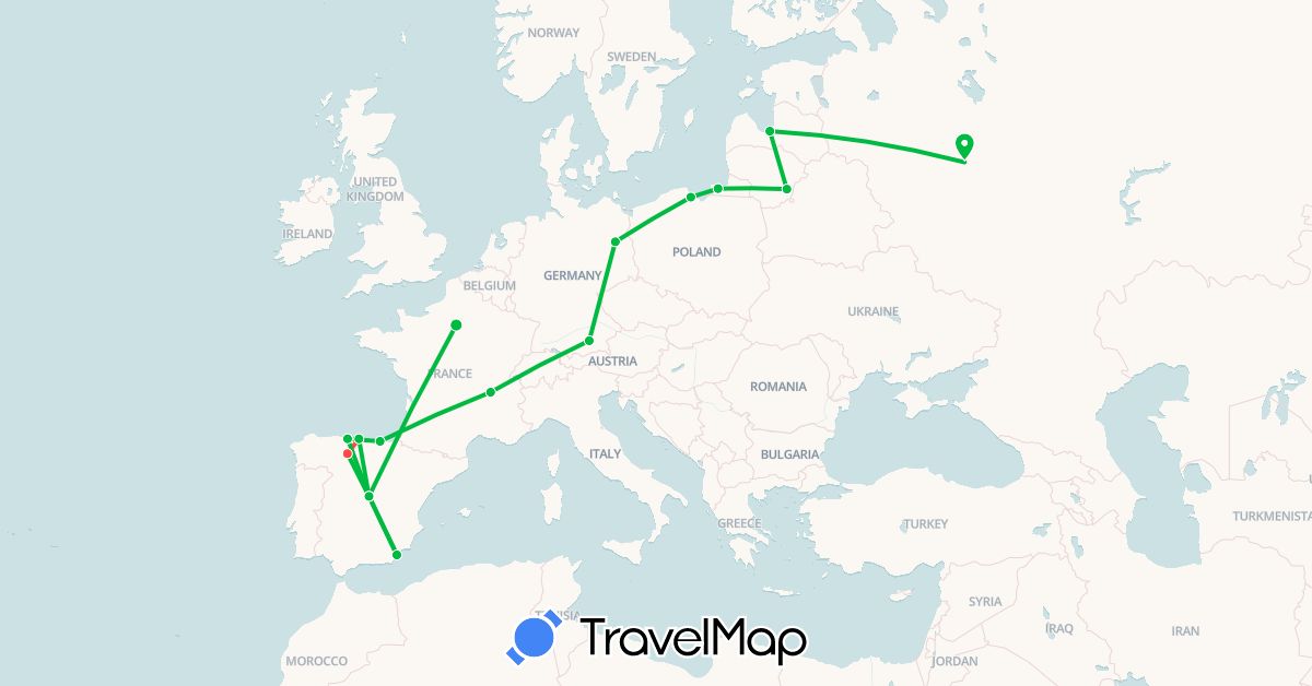 TravelMap itinerary: driving, bus, hiking in Germany, Spain, France, Lithuania, Latvia, Poland, Russia (Europe)